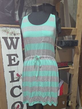 Olive & Oak Mint and Gray Striped Sleeveless Drawstring Dress